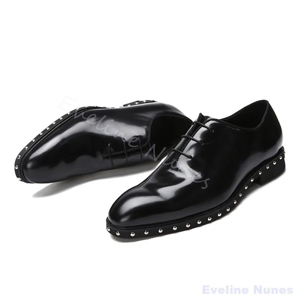 Men Rivet Patent Leather Oxford Shoes Pointed Toe Lace Up Metal Decor Punk Formal Dress Shoes Wedding Party Street Leather Shoes