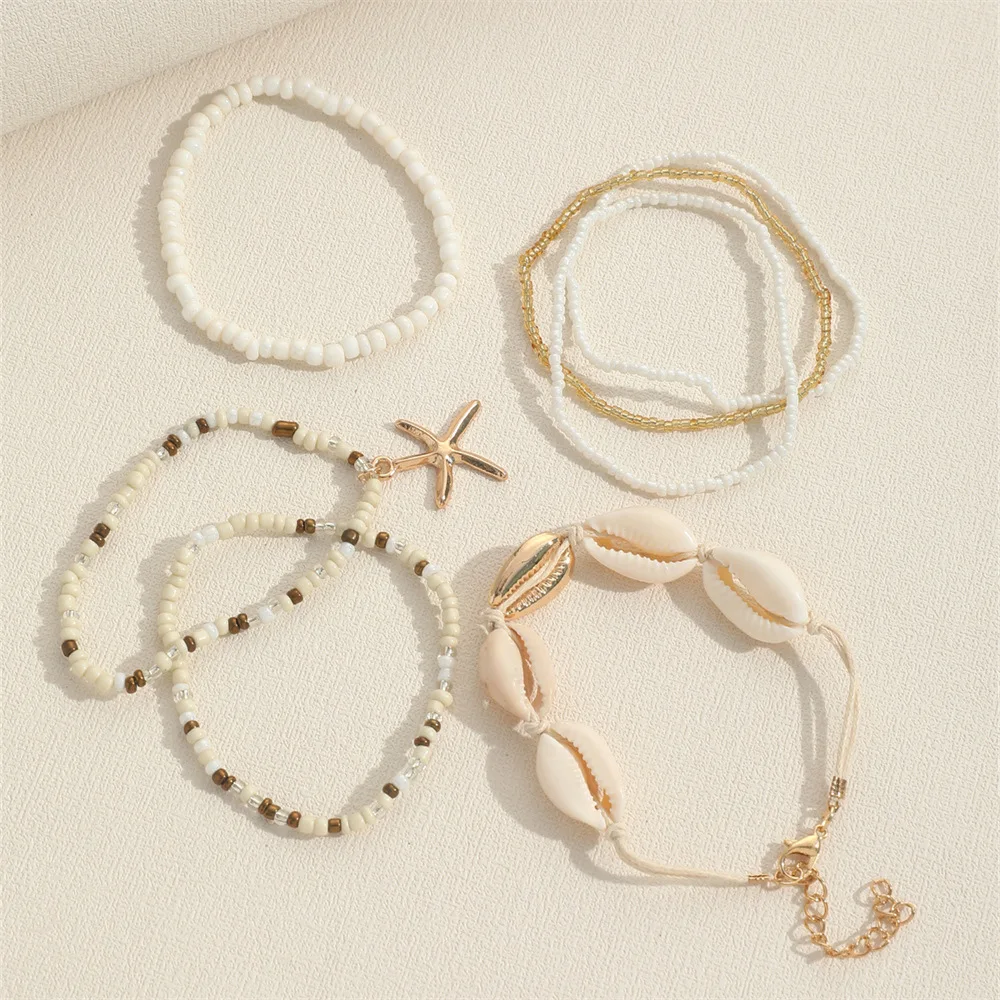 7Pcs/Set Bohemian Stackable Shell Bracelets Set For Women Starfish Charm Rice Beads Wristband Bangles Handcrafted Beach Jewelry