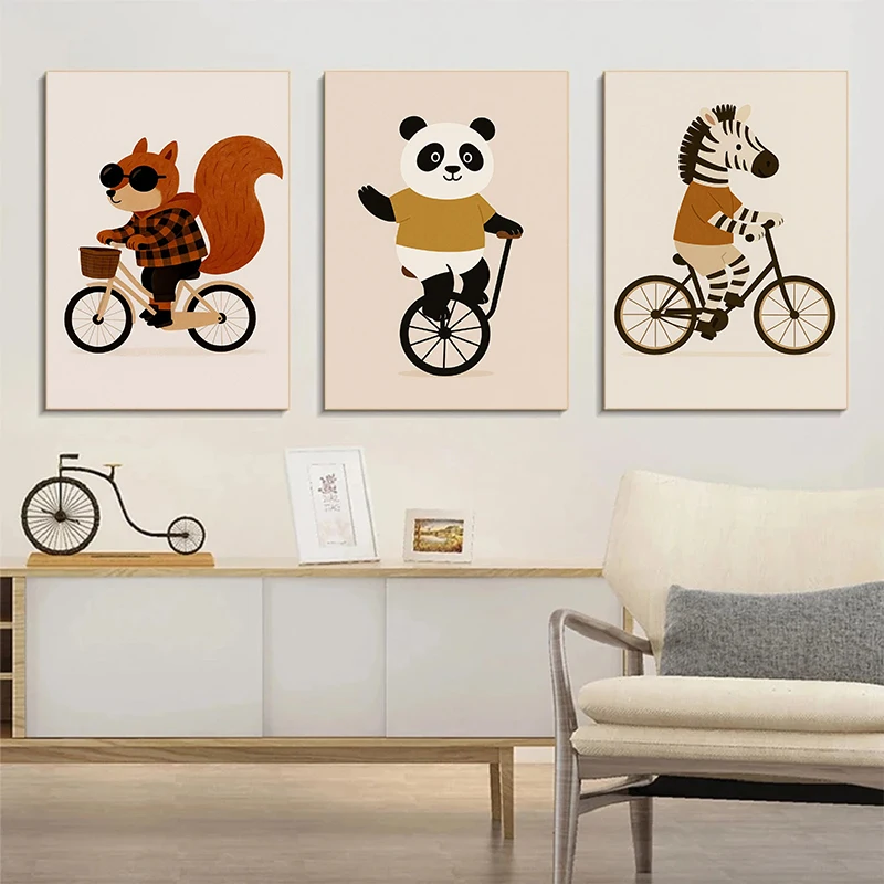 1pc frameless Canvas Painting Giraffe Panda Camel Fox Raccoon Cartoon Animals Skateboard Bike Posters Print Wall Art Canvas Pain