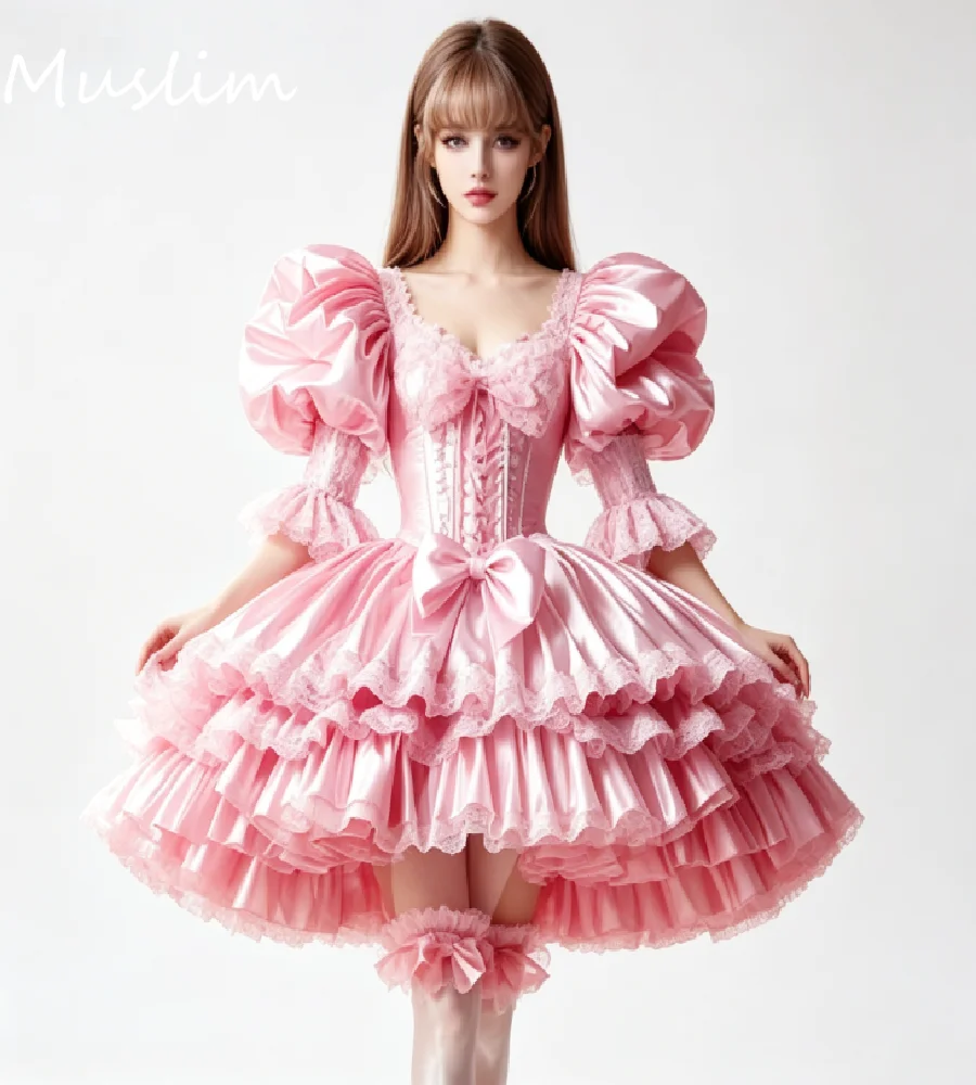 Sissy Maid Style Pink Prom Dress 2026 Frilly Tiered Short Cosplay Evening Dress With Bow Lace Puff Sleeve Lolita Cocktail Party
