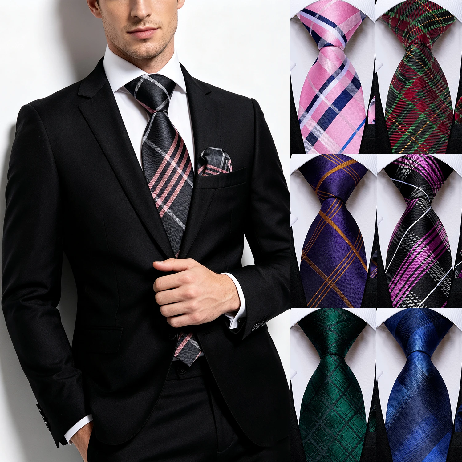 Plaid Pattern Mens Tie 3pcs Set, Complete With Pocket Square And Cufflinks, Fit For Daily Suit, Office Work, Party Wedding