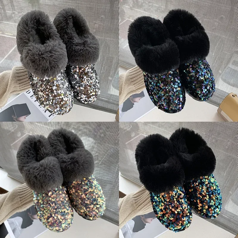 Women Boots Glitter Short Boots Female Cozy Warm Ankle Boot Woman Flat Furry Shoes Women\'s Bling Snow Boots Zapatos De Mujer