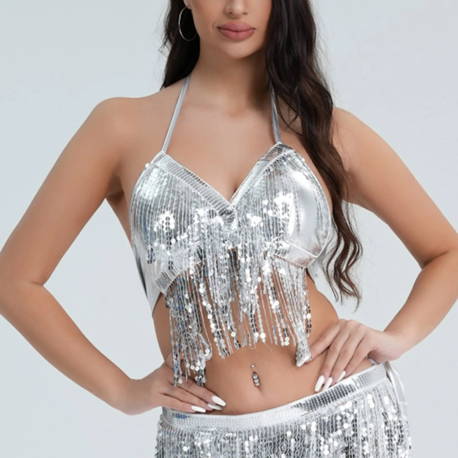 Women Fashion Halter Bra Top With Sequins Tassel Latin Belly Dance Costume Sexy Night Club Party Festival Rave Sexy Crop Tops