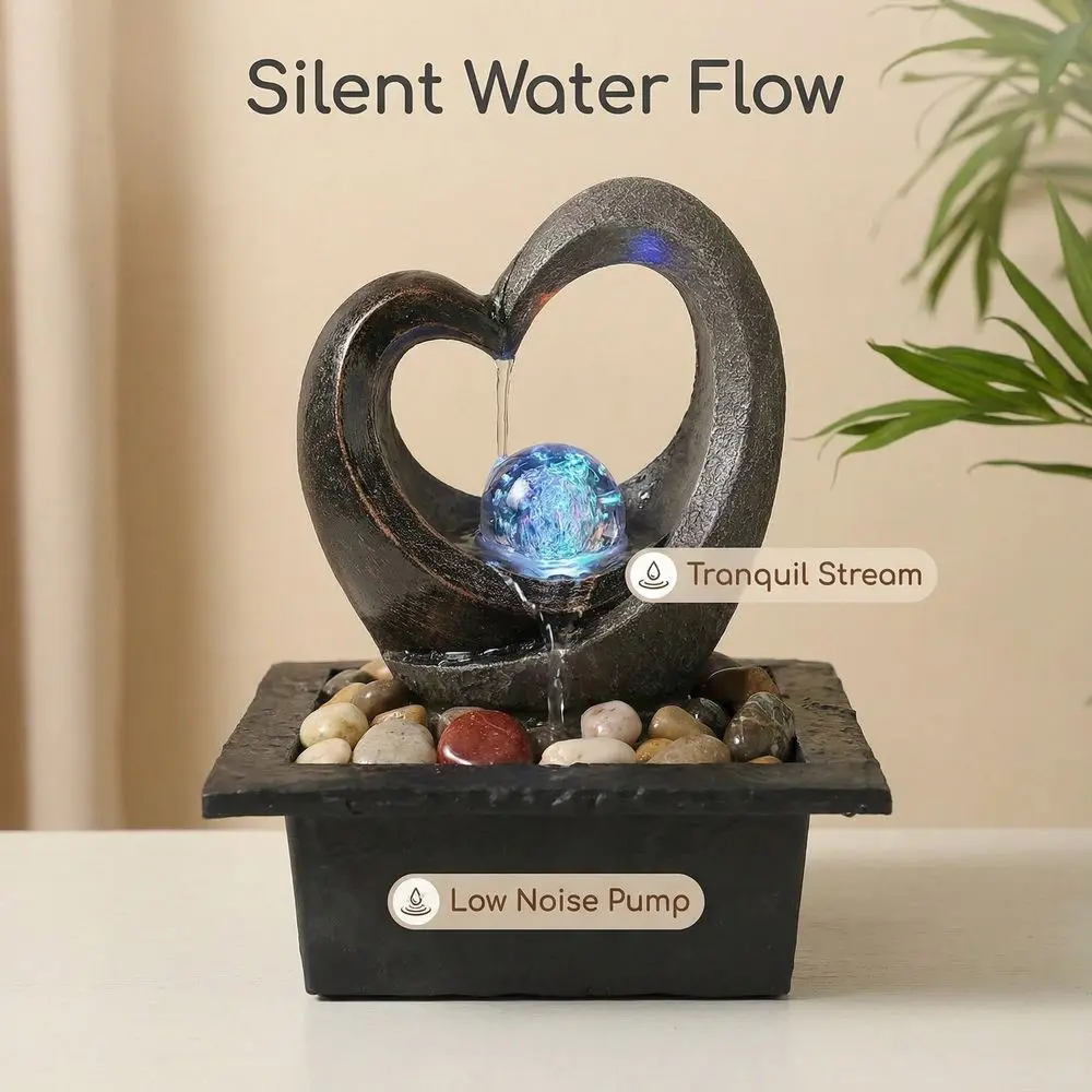 

Heart Shaped USB Tabletop Fountain LED ColorChanging Ball Soothing Sound Zen Decor Gift