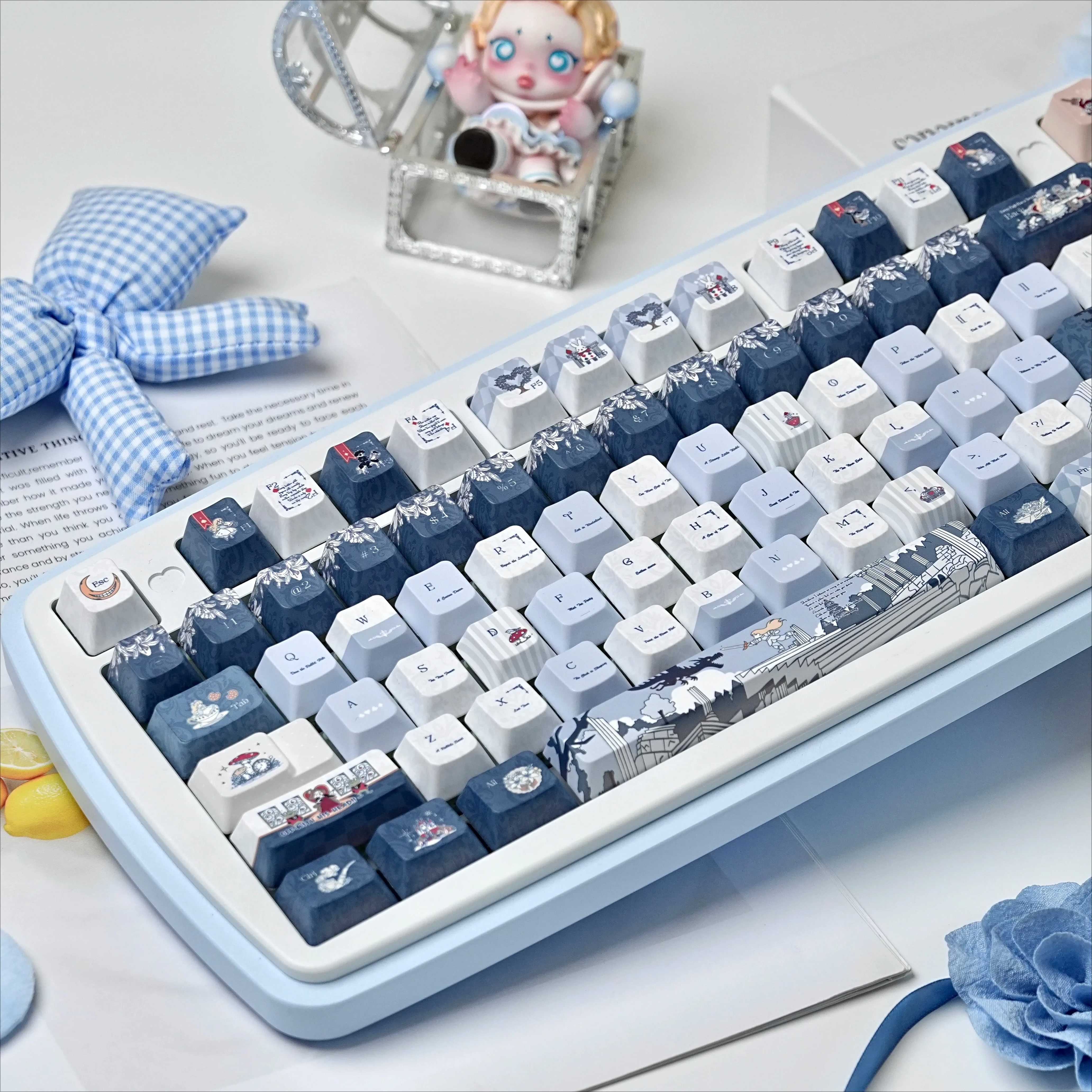MAIMOOO To Alice Keycaps Blue and White  Cute FC EOA Height PBT Keycap Thermal Sublimation Process