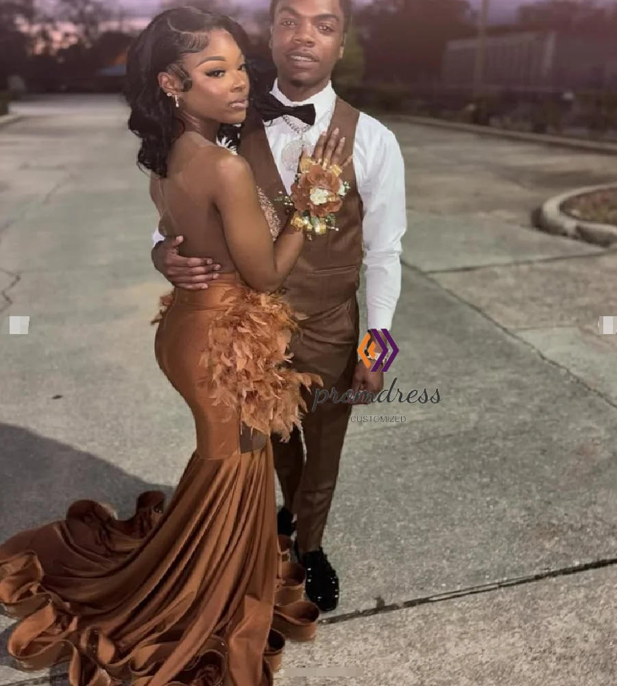 깃털 라인 석 다이아몬드 인어 블랙 여성 이브닝 드레스 등이없는 정장 가운과 고급스러운 낙타 탄 댄스 파티 드레스 사용자 정의