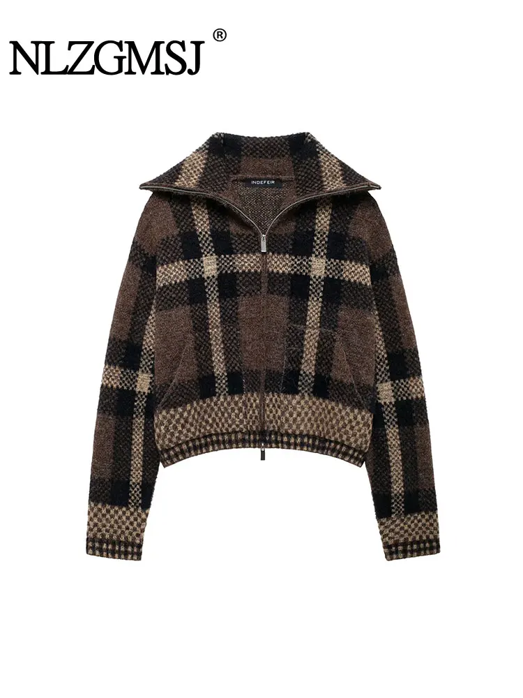 TRAF Women Plaid knitting Large Lapel Short Jacket Fashion Casual Zipper DecorationJackets For Women Sweater Outerwear