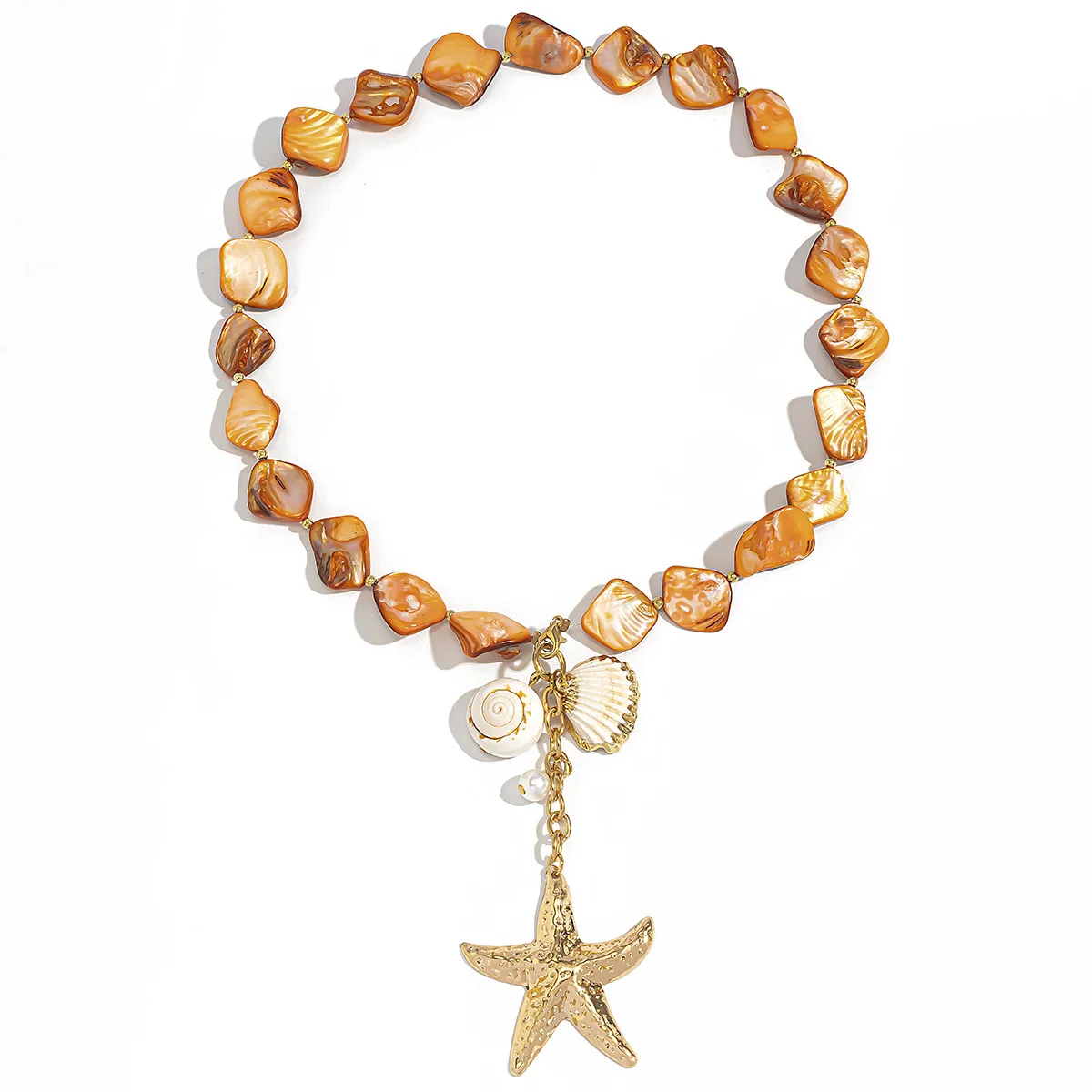 Boho Shell Sea Star Imitation Pearl Pendant Necklace 2024 Women's Simple Creative Orange Handmade Weaving Girls Beach Jewelry