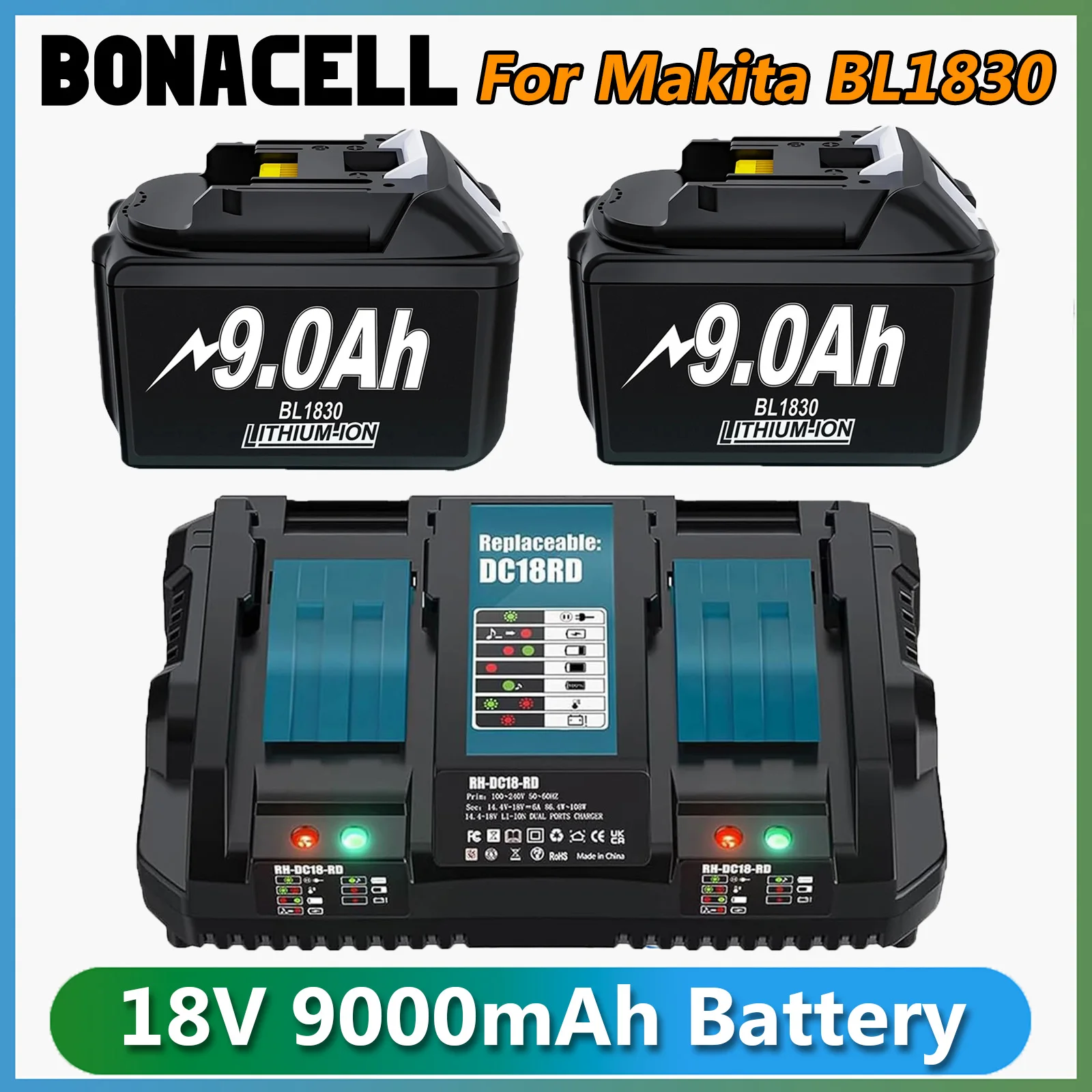 18V 9.0Ah/9000mAh Replacement Battery For Makita BL1830 6A Charger For DC18RD Compatible For BL1860 BL1850 BL1840B BL1830B