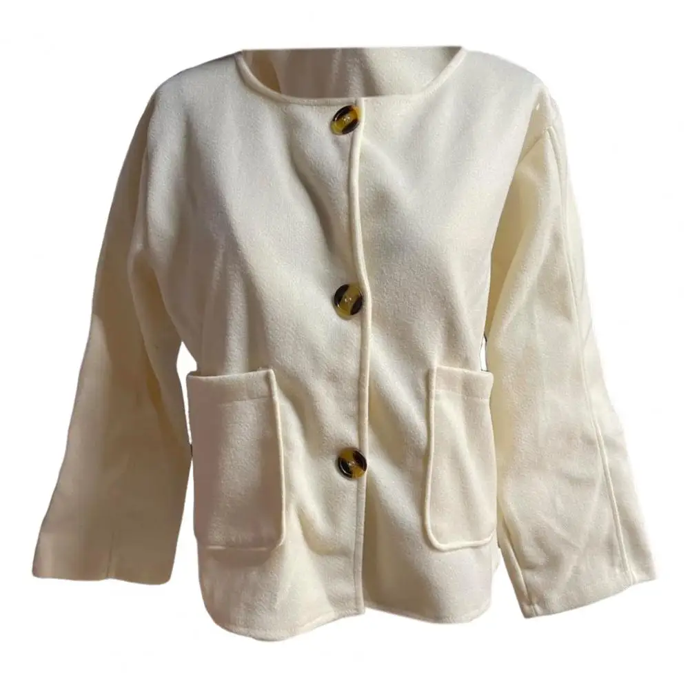 Chaqueta holgada para mujer, elegante chaqueta de lana para mujer, abrigo de un solo pecho con cuello redondo y bolsillos laterales, moda Otoño Invierno