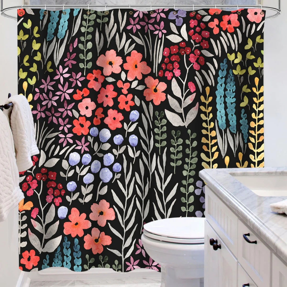 Spring Flower Shower Curtain Fabric Multi-color Plant Leaves Bathroom Shower Curtain Set with Hooks 180x180cm