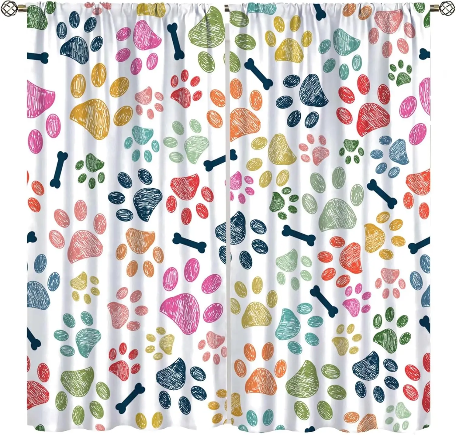 Color Sketch Dog Paw Bone Curtain Multicolor Hand Drawn Puppy Footprint Bone White Background Light Filter Drape For Bedroom