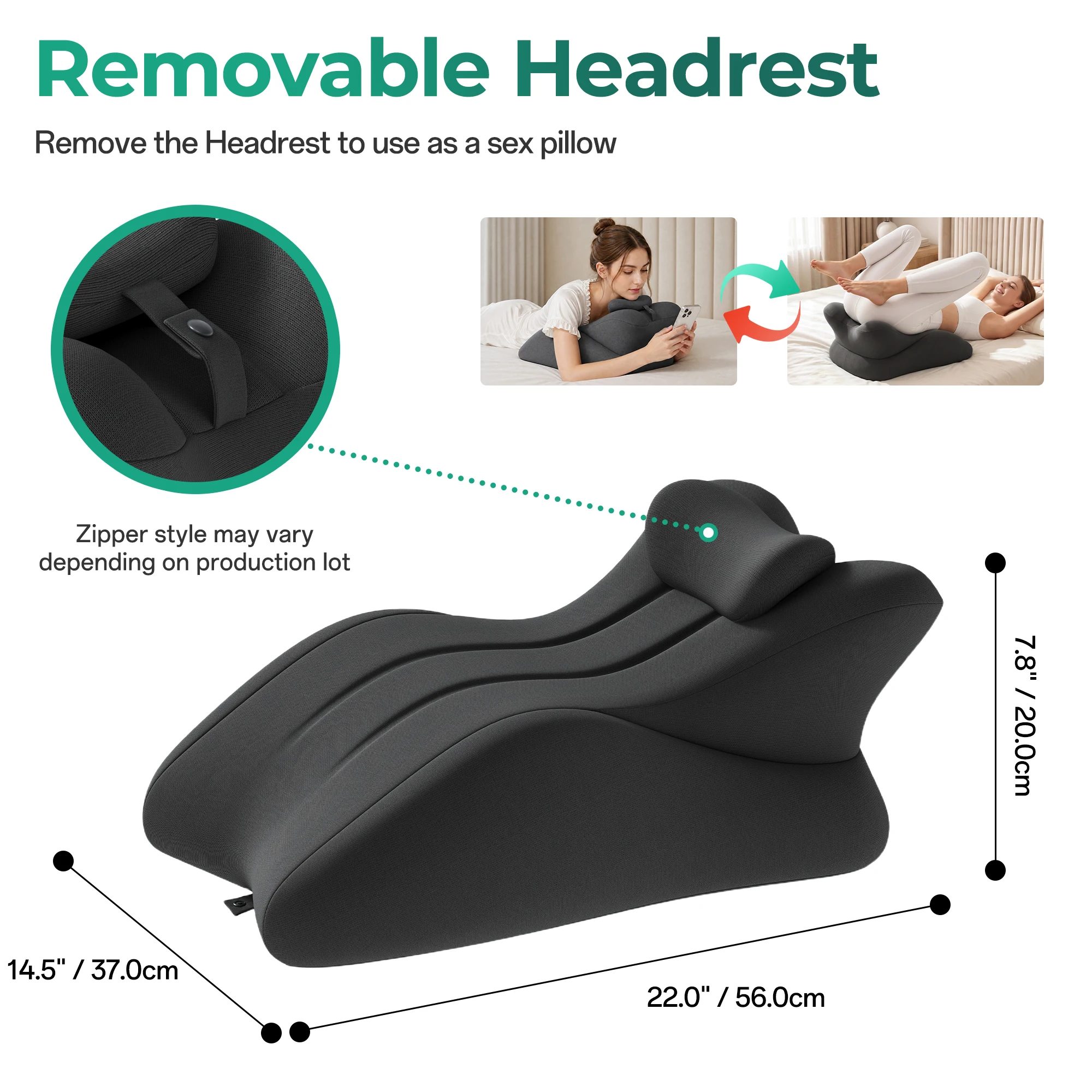 Memory Foam Wedge Pillow for Bed Reading & Back Support, 27 Degree Ergonomic Contoured Cushion with Removable Cover for Sitting, Lounging & Leg Rest