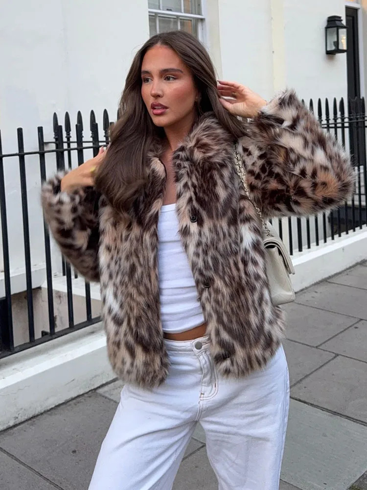 HH Woman Elegant Lapel Long Sleeves Side Pockets Casual Coat Women Winter Leopard Print Faux Fur Loose Slim Warm Coat Mujer