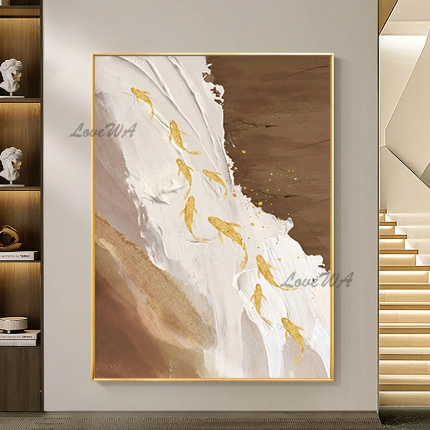 Sleeping Room Decor New Design Gold Foil Fish Abstract Unframed Canvas Roll Handmade Oil Painting Wall Art Pictures For Hotels