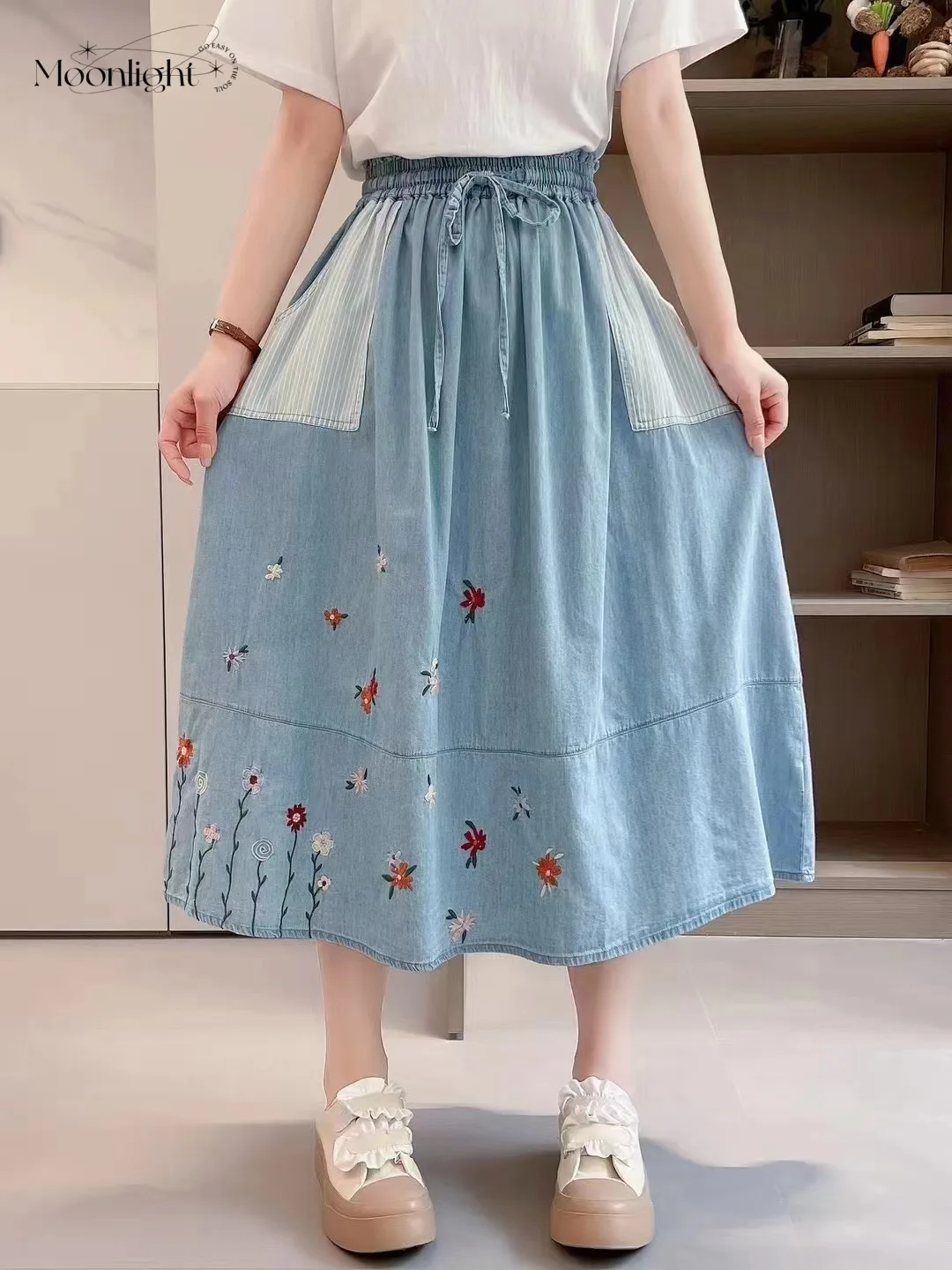 

Vintage Embroidered Denim Skirt Japanese Harajuku Flower Long Mori Girl Casual Elastic Waist Midi Skirt Lolita Fairycore Faldas