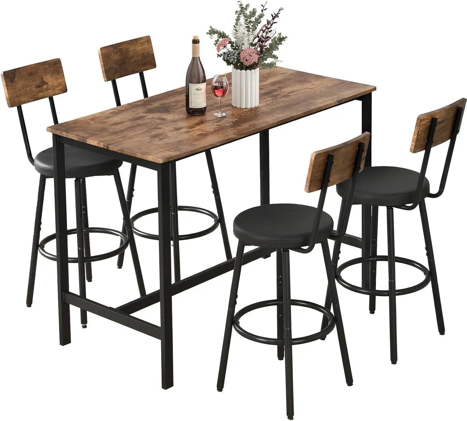 Set for 4, 5-Piece Bar Set, Kitchen and Chairs, Counter Height High Top with 4 PU Upholstered Stools, Sp