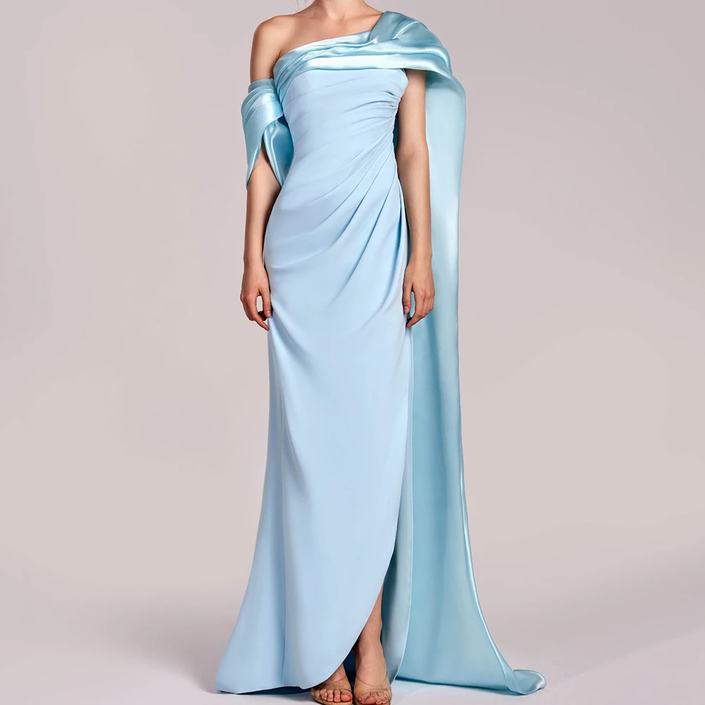 

Customized Modern Side Slit Watteau Train Pleats Prom Dress Graceful Mermaid One Shoulder Off The Shoulder Blue Evening Dress