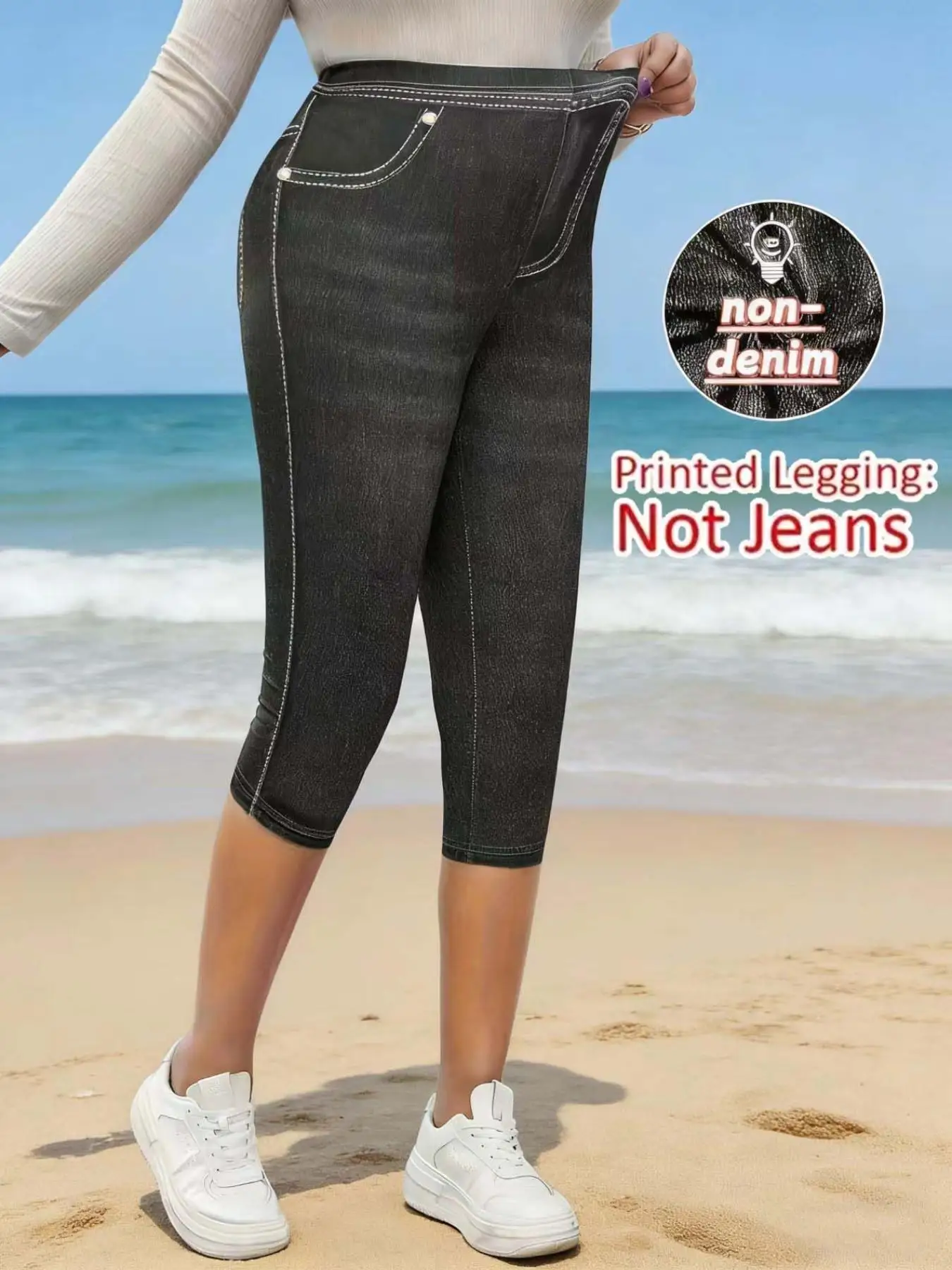 Women's Non-Denim Faux Denim Print 7/8 Length Leggings, Casual Skinny Outdoor Sports Yoga Pants, Soft Skin-Friendly Beach Pants