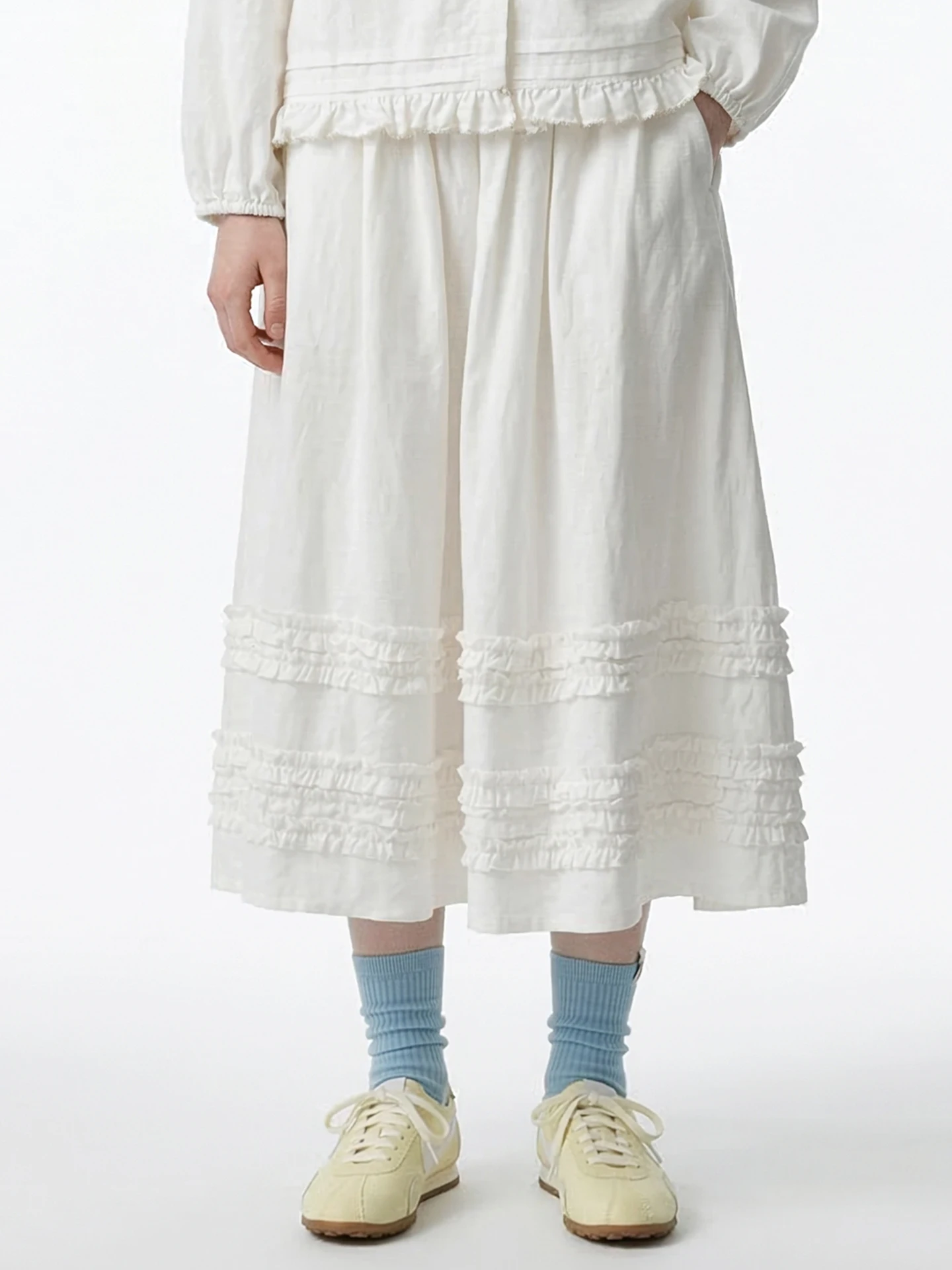 

Художественная юбка-полусолнце с рюшами для женщин, белая юбка-миди imakokoni 2026 в стиле весеннего леса, универсальная модель 265387