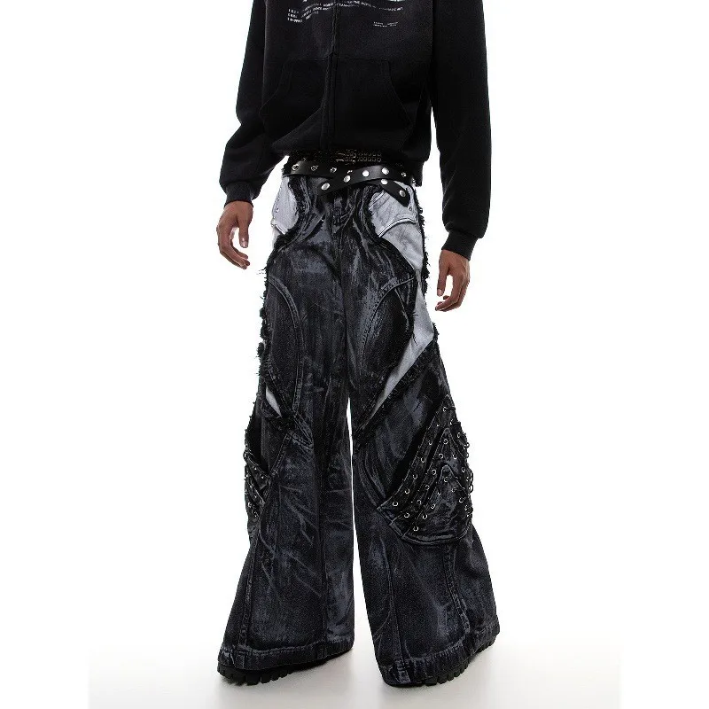 

Retro American High Street Heavy Du Wax Print Patchwork Jeans Men Women Deconstructed Loose Wide Leg Long Trousers