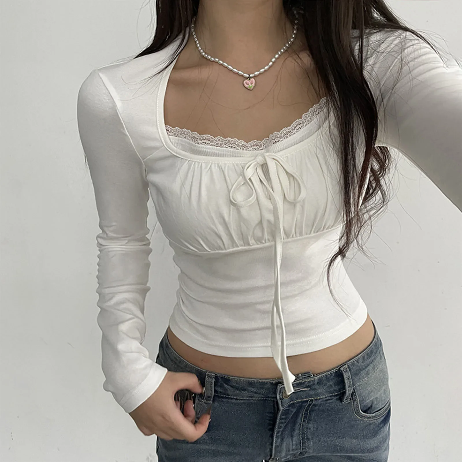 Women's Tube Top Spring Autumn Fashion Tops White Long Sleeve Lace Trim Ruched Tie Up T-shirt Casual Outfits Y2k Streetwear