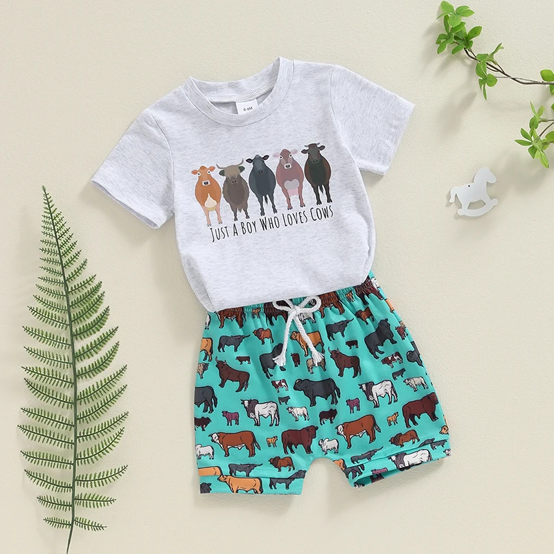 2024-05-05 Lioraitiin 2Pcs Baby Boy Western Outfits Short Sleeve Cow Print T-shirt Tops + Shorts Set Toddler Summer Clothes