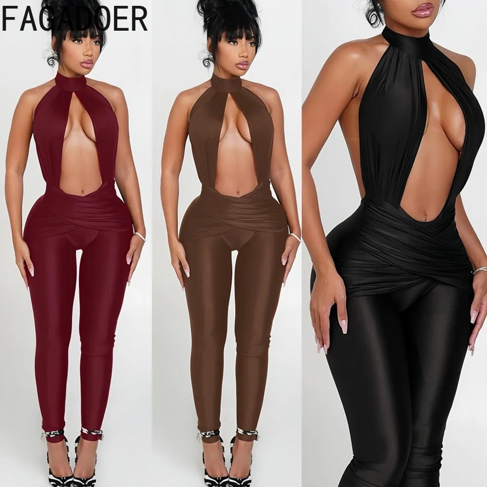 

FAGADOER Sexy Ruched Patchwork Bodycon Jumpsuit Woman Halter Deep V-neck Backless Rompers Female Streetwear Overalls 2025 New