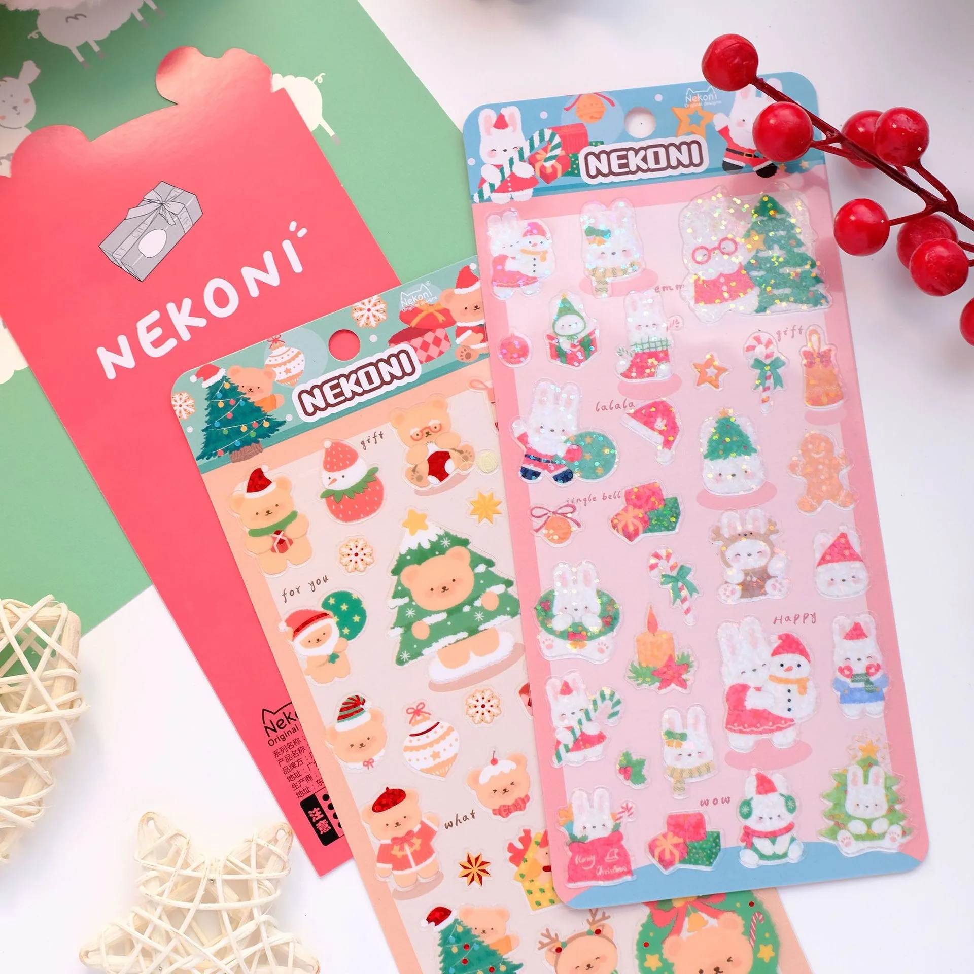 Nekoni New 2023 Christmas Merry Glitter Scrapbook DIY Collection Small Gift Flat Adhesive Stickers