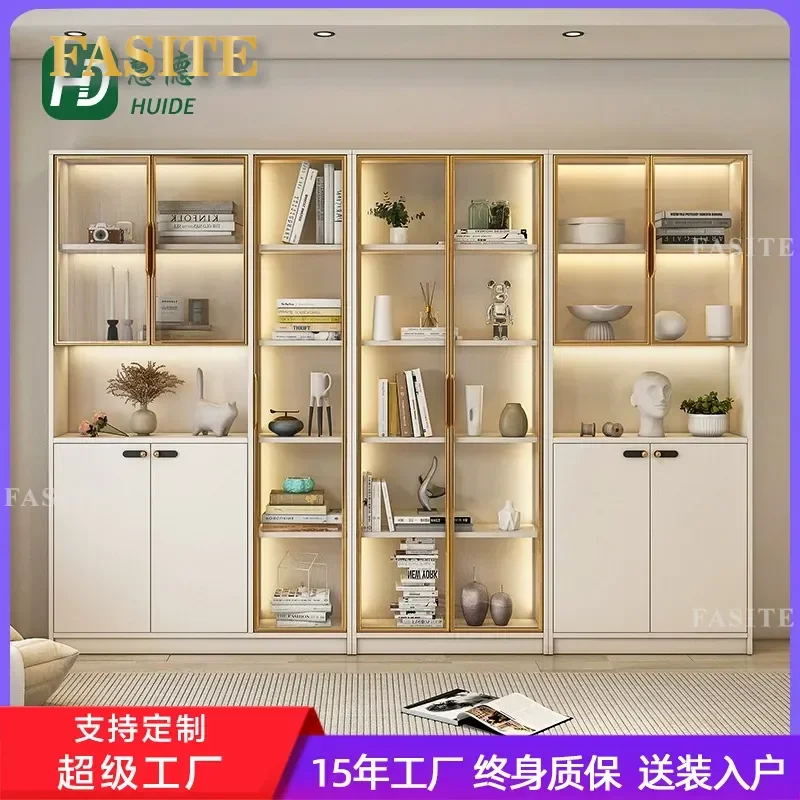 For Customized Solid Wood Bookshelf Floor Standing Storage Cabinet with Glass Door Dustproof Locker for Student Household