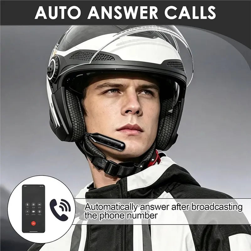 Motorcycle Helmet Bluetooth Headset Mic 16 Hour Battery Life, Handsfree, Microphone And Call Control, Noise Cancellation
