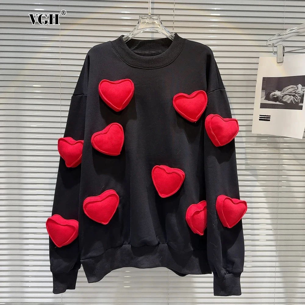 VGH Hit Color Spliced 3D Love Casual Sweatshirts for Women O Neck Long Sleeve Sweet Fashion Style Hoodies Female Autumn Clothes