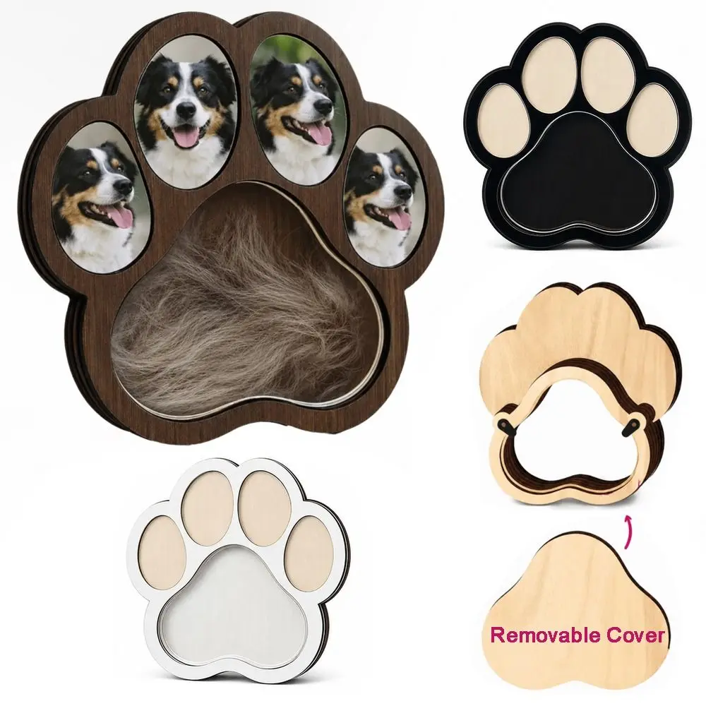 Caja de recuerdo de madera para el pelo de mascotas con marco de fotos, caja de almacenamiento de pelo de mascotas con forma de pata, cubierta trasera extraíble, expositor de fotos