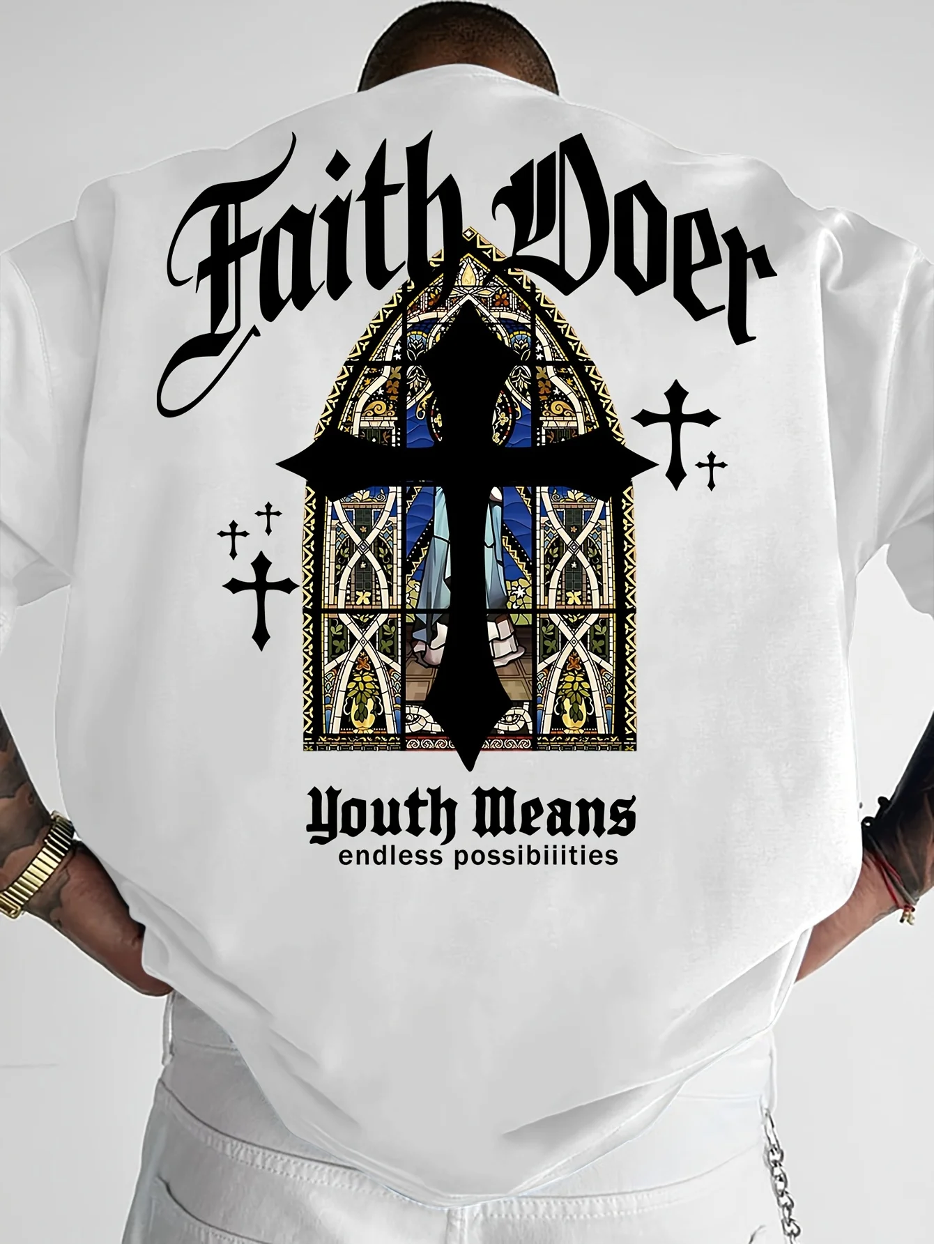 Faith Doer Church Window Cross Graphic Print 100% Cotton Mens T Shirt for Summer Streetwear and Edgy Urban Aesthetic