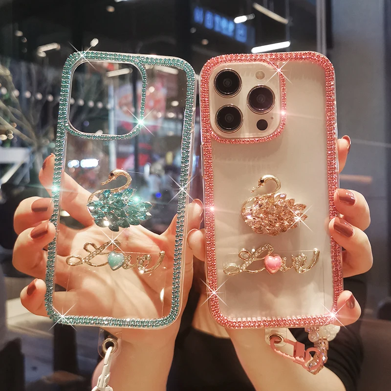 

Phone Case for IPhone 15 Pro Max 13 14 Pro Transparent Case Light Luxury Wrist Strap Letter Crystal Swan Edge Diamond Phone Case