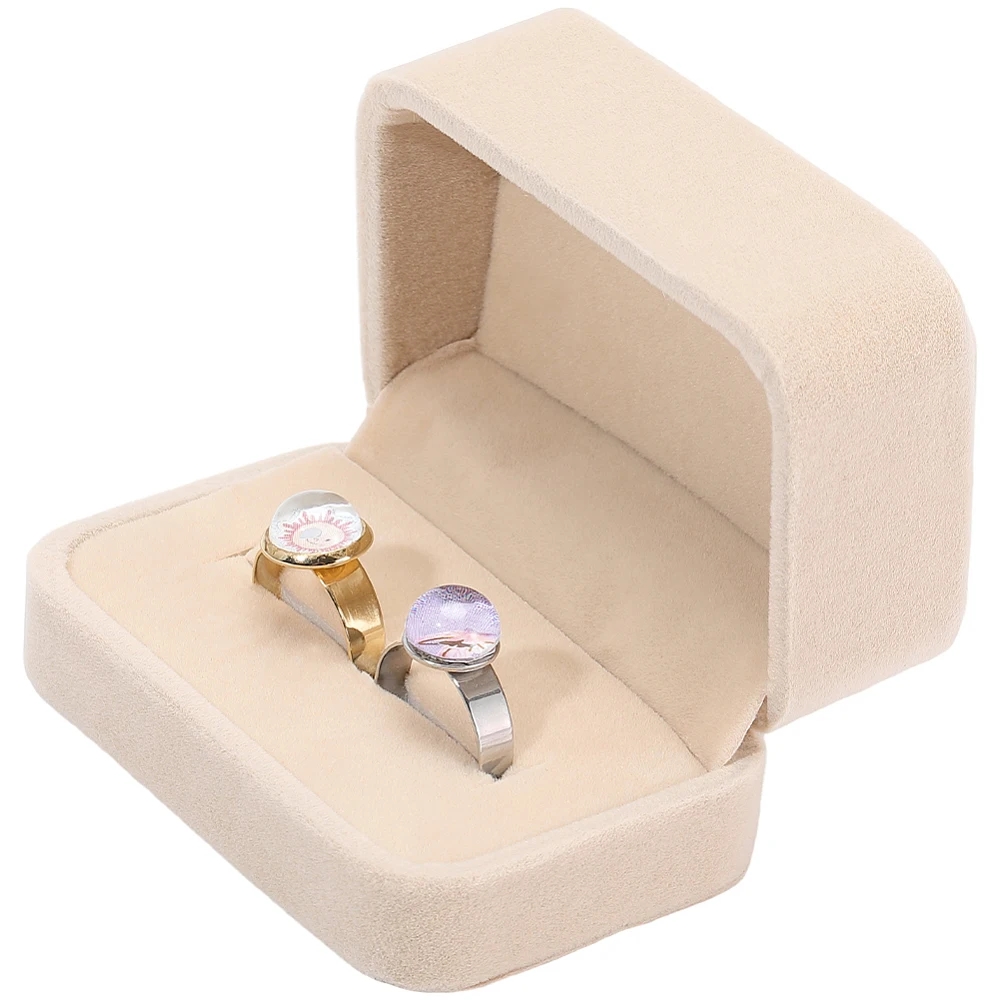 2Pcs Velvet Couple Ring Boxes 2x3x1.6 Inch Small Rectangle Classic Beige White Ring Boxes 2 Slots Double Earring Holder
