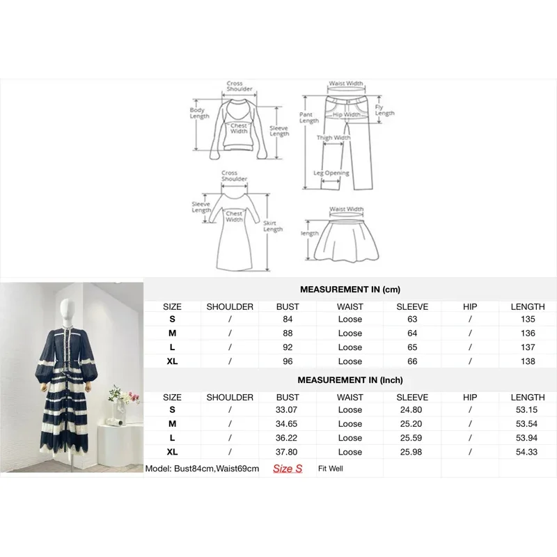 أسود أبيض طويل فانوس كم الدانتيل المرقعة ميدي فستان الخريف أحدث فساتين النساء 2025 موضة أنيقة #3