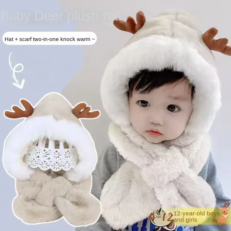 Winter Baby Hat Scarf One-Piece Faux Fur Kids Hats Cartoon Bear Warm Neck Ear Cap for Boys Girls Windproof Beanies Infant Stuffs