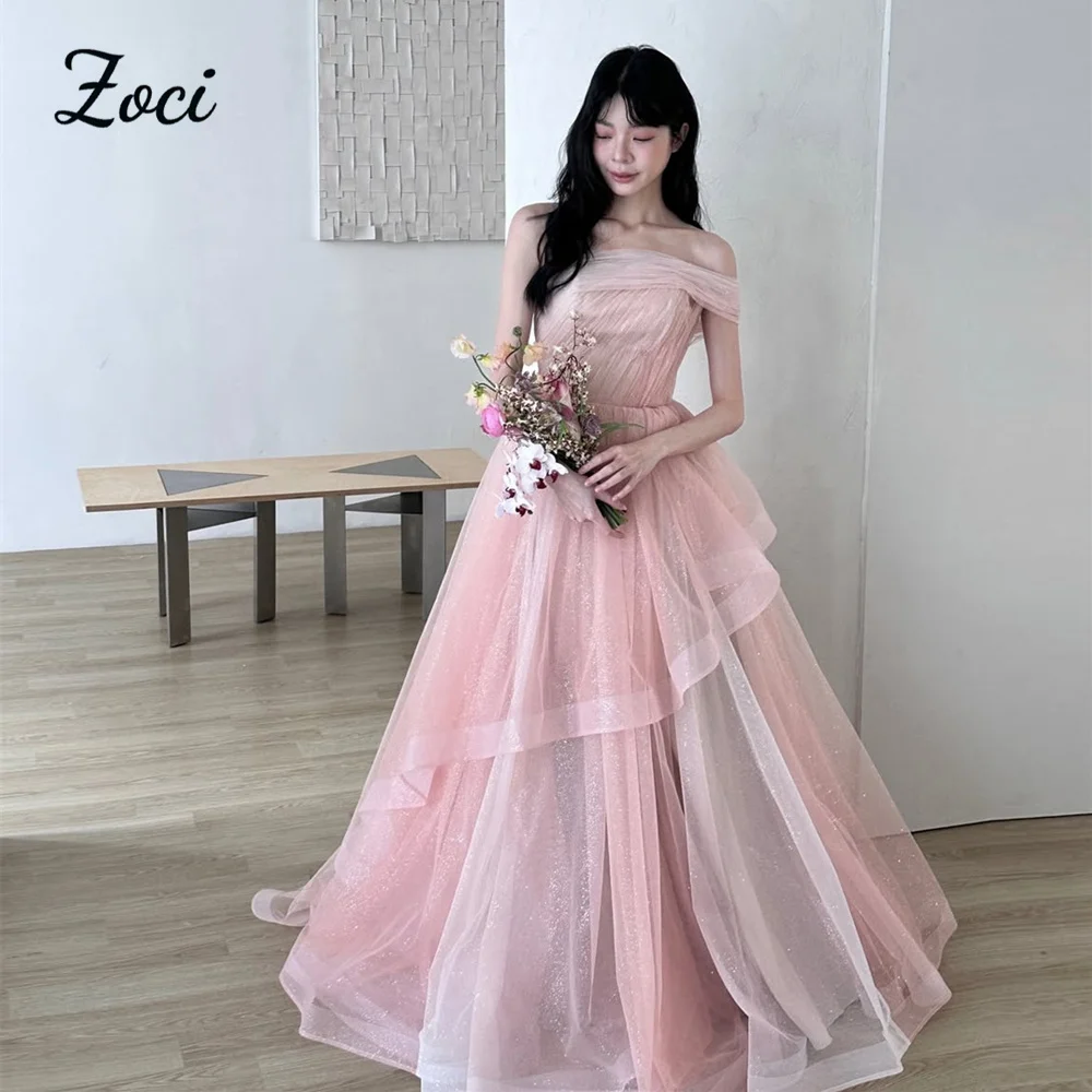 Zoci Princess Pink Tiered Wedding Dresses Korea Photo shoot Off The Shoulder Layered Evening Gowns Corset Back Customized