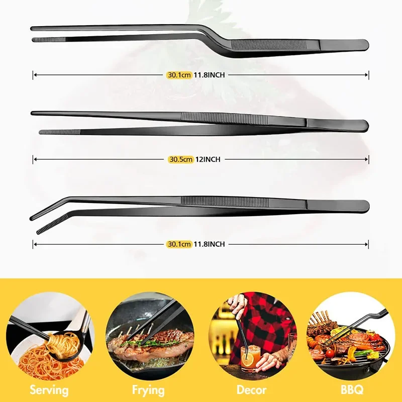 3Pcs Cooking Tweezers Tongs with Serrated Tips, Stainless Steel Chef Tweezers Set, Kitchen Tools for BBQ, Plating & Serving