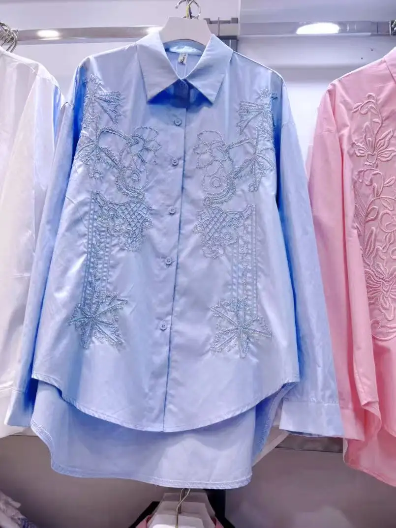 

Bling Sequins Embroidery Party Shirts & Blouses for Women's Pure Cotton Blouse Girls Ladies Mid-length Casual Shirt camisas