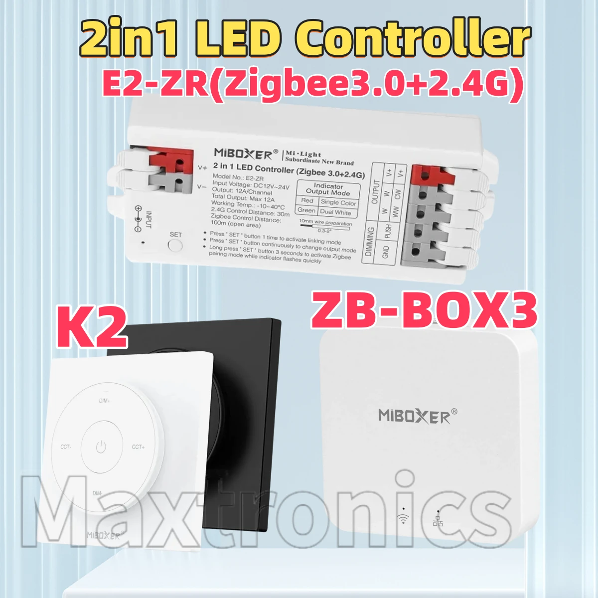 

НОВЫЙ ZB-BOX3 Miboxer (Zigbee3.0+2.4G) Светодиодный контроллер 2 в 1 E2-ZR/K2 Мини-пульт (2,4 ГГц) для одноцветных светодиодных фонарей 5050 COB CCT