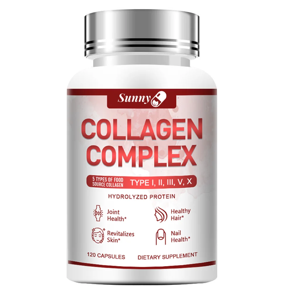 Cápsulas de peptídeo multicolágeno premium (type I, II, III, V, X) Antienvelhecimento, pele do cabelo, unhas, digestão e suplemento de saúde das articulações