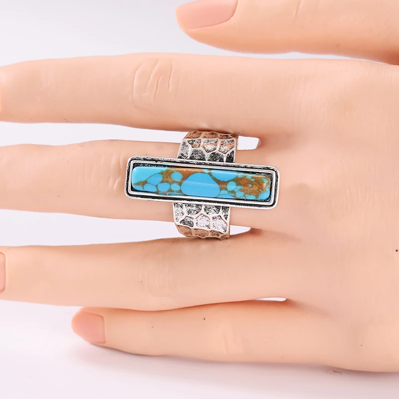 Vintage Bohemian Long Synthetic Turquoise Ring For Women Hammer Patterned Wide Edge Ring Exaggerated Personality Jewelry