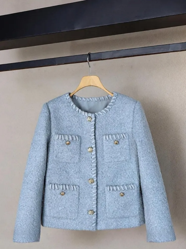 Winter Women Tweed Jacket Two Piece Set Long Sleeve O Neck Single Breasted Short Coat Wide Leg Jeans Matching Set Casual Outfits view 2