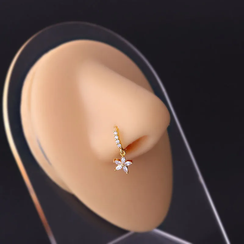 New 1Pcs 316L Surgical Stainless Steel Heart Crown Flower Dangle CZ Nose Studs Indian Screw Nose Rings Nose Piercing Jewelry