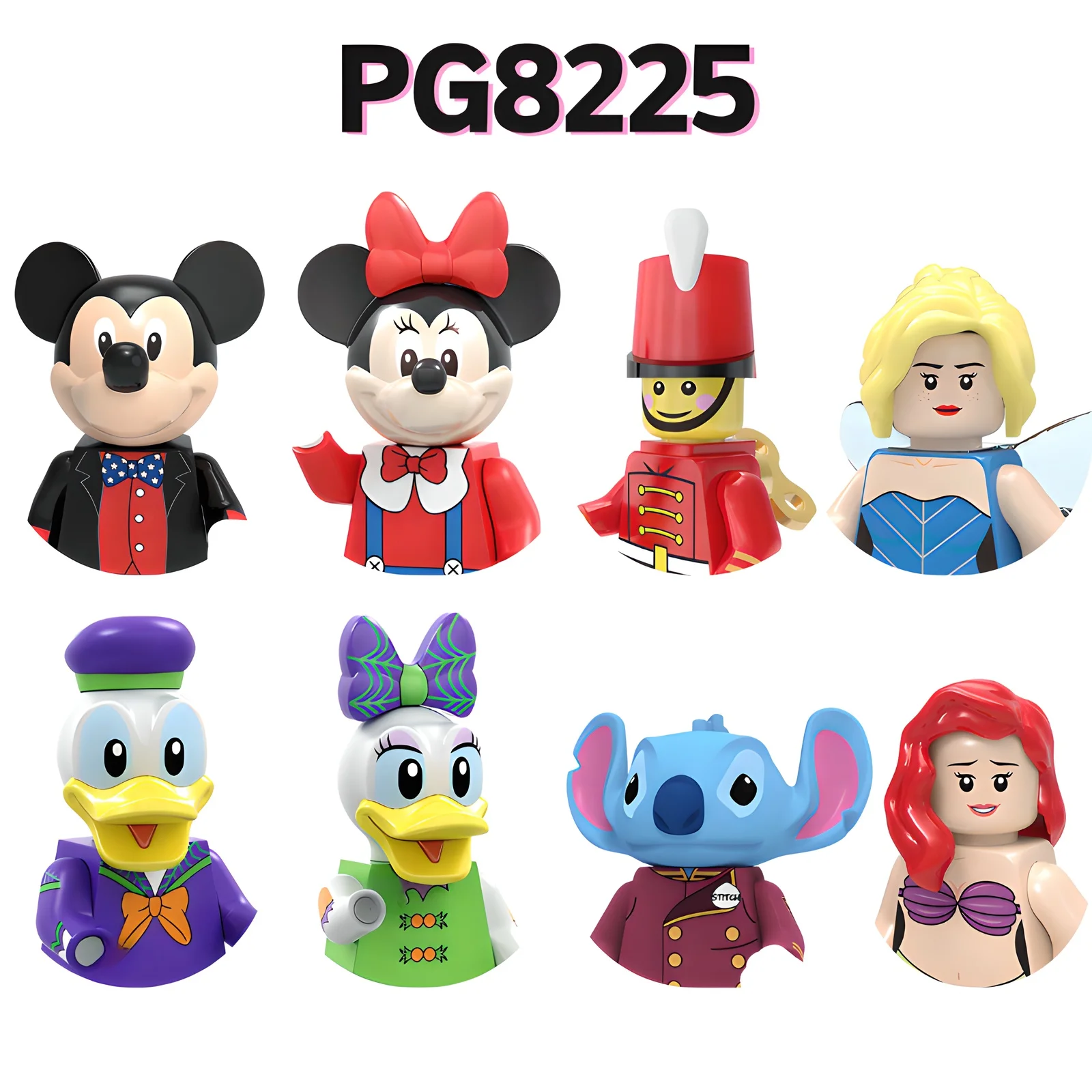 Disney Building Block Figures PG8225, Featuring Mickey Mouse, Minnie, Nutcracker, Fairy, Donald Duck, Daisy, Stitch, Ariel
