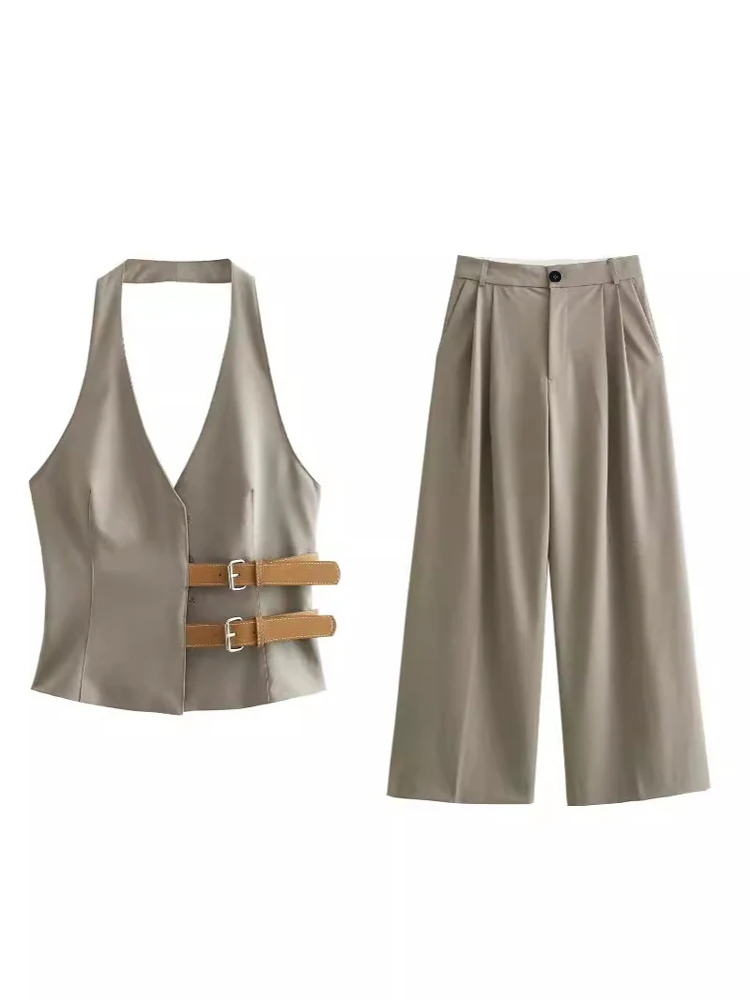 

Mia Muse Women's Sets 2025 Summer K-Fashion Plain Sleeveless Halter Neck Tanks Full Length High Waist Wide Leg Pants Work Sets