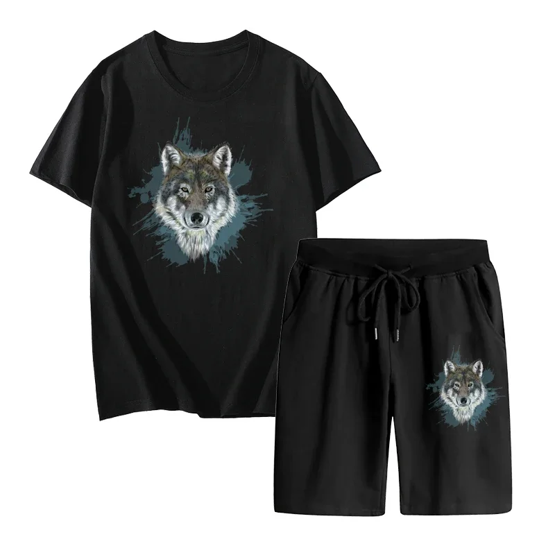 

2025 New Arrival Men's Wolf Printed T-shirt and Black Shorts High Quality Male Summer Urban Casual Streetwear Top and Fifthpants