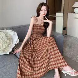 Vintage Plaid Slip Dress Summer New Sleeveless Pleated Loose Lacing Ladies Dresses Trend Fashion Women Clothing